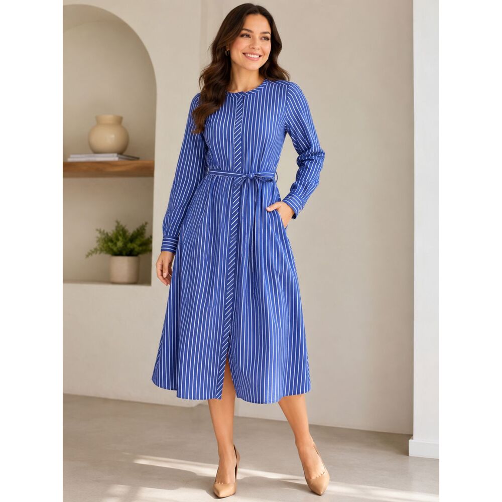 Free Assembly Women's Cotton Striped Midi Shirt Dress Belted Long Sleeve L NWT